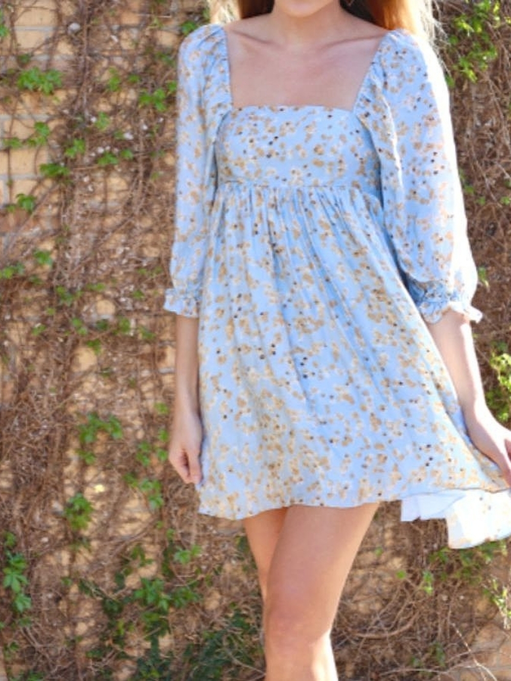 Molly Green Romantic  Light Blue Beige Floral Puffed Sleeves Babydoll Mini Dress